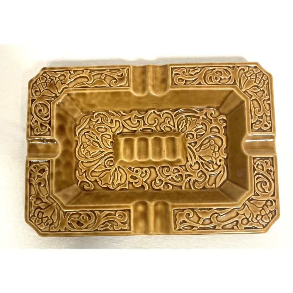 Vintage MCM 70's Large Gold Ceramic Ashtray Scrolling Vines Made in Japan